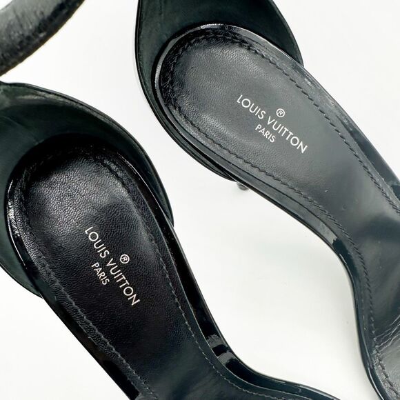 LOUIS VUITTON Fluer Call Back Black Sandal Heels Size 39 Logo Leather Monogram - Picture 11 of 13